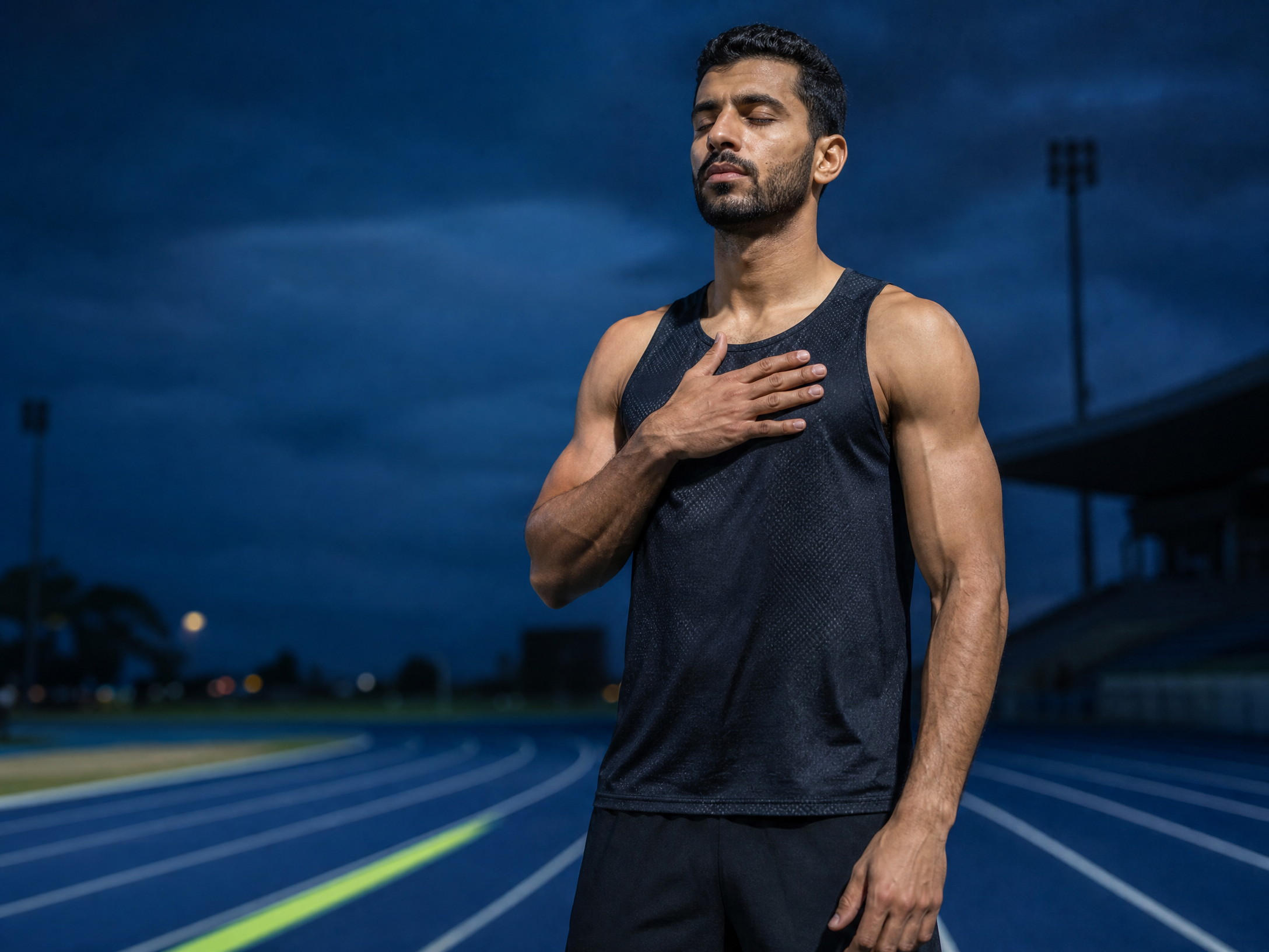 Sprinter taking a composed recovery moment on the track